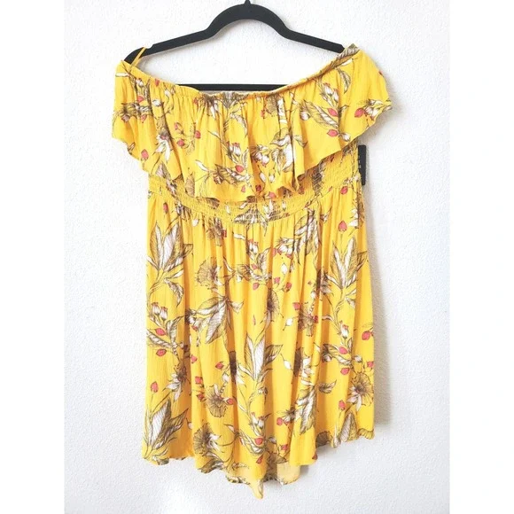 NWT Express Womens L Yellow Floral Off-the-Shoulder Smocked Ruffle Mini Dress - Picture 8 of 8